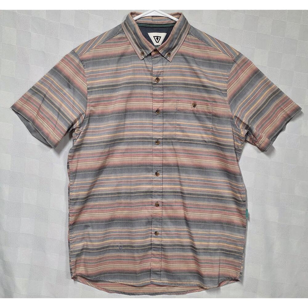 Vissla Mens Medium Shirt Short Sleeve Button Up Surf Striped Cali Prep Casual